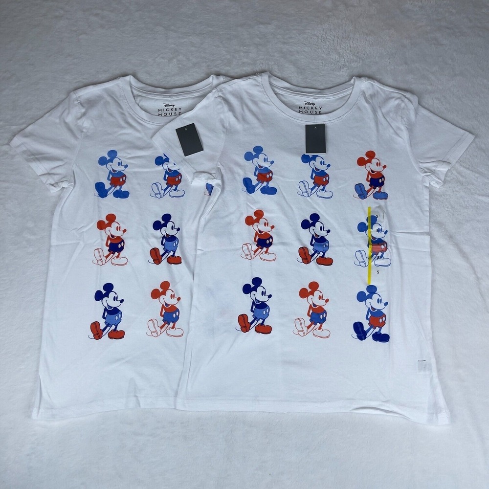 Disney 2 Pack T-Shirt Women Small White Mickey Grid Americana Graphic Round Neck